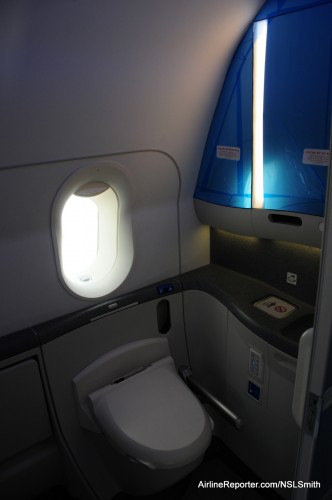 The lavatory contains the only sun shade on ANA's first Boeing 787 Dreamliner. Click for larger.