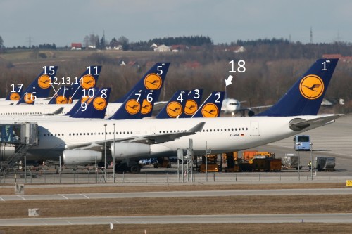 CLICK FOR LARGER IMAGE. How many Lufthansa Tails do you see? I got 18. Photo by Juergen Lehle.