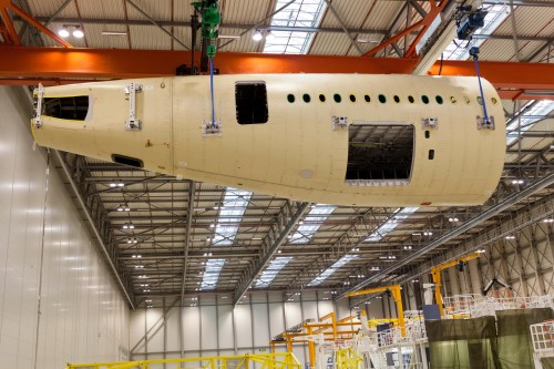 CLICK FOR LARGER. First Airbus A350 XWB Aft Fuselage Built in final assembly line in Toulouse (France). Image from Airbus.