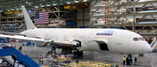 FIRST GLIMPSE OF QATAR AIRWAYS' NEW BOEING 787 DREAMLINER ON PRODUCTION LINE IN SEATTLE. Click for larger. Photo from Qatar Airways.