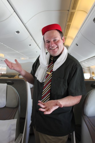 On my recent flight from Dubai to Seattle I got to try on the Emirates hat and tie. Not going to lie -- I look good. CLICK FOR LARGER.