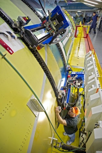 HI-RES IMAGE (click for larger): Boeing today began building the first 777 at the highest rate ever for a Boeing twin-aisle airplane. The rate of 8.3 airplanes per month is a nearly 20 percent increase over the previous seven per month rate. Image from Boeing.