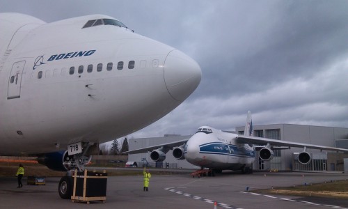 CLICK FOR LARGER: A Boeing Dreamlifter and Antonov AN-124 both parked next to the Future of Flight. Doesn't get much more epic than that. Image from Future of Flight