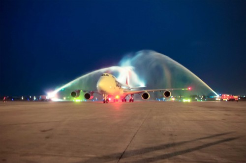 Image: A 747-8 Freighter operated by launch customer Cargolux, arrived in Hanoi, Vietnam, from Kuwait on Sunday. Photo from Cargolux. PRESS RELEASE FROM BOEING: EVERETT, Wash., March 18, 2013 /PRNewswire/ -- The Boeing [NYSE: BA] 747-8 has served its 100th airport just 16 months after entering service. The airplane, a 747-8 Freighter operated by launch customer Cargolux, arrived in Hanoi, Vietnam, from Kuwait on Sunday. "As the 747-8 launch customer, I want to congratulate the Boeing and Cargolux teams for their commitment and hard work that made this achievement possible," said Richard Forson, Cargolux interim president and chief executive officer. "We are proud to be the first airline to operate the 747-8F to the 100th airport worldwide that is able to accommodate this great aircraft on a commercial revenue flight. After all, it's a milestone for Boeing and Cargolux alike and a testament to the true pioneering spirit that has always characterized our two companies." Cargolux took delivery of the first 747-8 Freighter in October 2011 and placed it directly into service to its home base in Luxembourg. Since then, the 747-8 fleet has supported revenue service operations at 100 airports on six continents and has been approved for more than 240 airports around the world, significantly more than the airplane's main competitor. The fleet has also been performing well in service, with a dispatch reliability of approximately 98.4 percent. "The arrival of the airplane in Hanoi is just another testament to the capabilities and value the 747-8 is providing our customers," said Eric Lindblad, vice president and general manager, 747 Program, Boeing Commercial Airplanes. The milestone demonstrates the newest member of the 747 family can operate safely within an airport environment, accounting for regulatory requirements, clearances, pavement loading and parking requirements. The 747-8 family provides airlines with double-digit improvements in fuel burn, operating costs and emissions, while being 30 percent quieter and adding more capacity. To date 42 747-8s, including 29 freighters, eight Boeing Business Jets (BBJ) and five Intercontinentals have been delivered to a total of seven airline customers and several undisclosed BBJ customers.