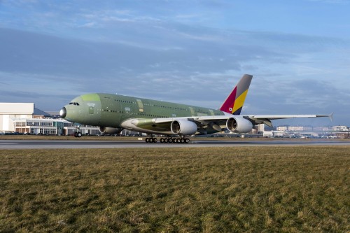 CLICK PHOTO FOR LARGER VERSION. Image and information from Airbus: Asiana Airlines" first A380 has successfully completed its maiden flight. The A380 flew on Friday from Airbus" facilities in Toulouse, France to the aircraft manufacturer"s site in Hamburg, Germany, where it will undergo painting and cabin furnishing. Asiana Airlines will become the twelfth operator of the A380 when it takes delivery of its first aircraft in the second quarter of 2014. The airline has firm orders for six A380s and will operate the aircraft on its primary routes from Seoul to the US.