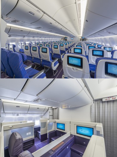 Click photo for larger version. (upper: economy class, lower: first class). Image and Press Release from The Boeing Company: EVERETT, Wash., Feb. 25, 2014 /PRNewswire/ -- Boeing [NYSE: BA] today delivered the first 777-300ER (Extended Range) to China Southern Airlines, Asia's largest airline in fleet size and number of passengers carried. The new airplane is the first of 10 777-300ERs China Southern has on order with Boeing. "The 777-300ER's long-haul capability is a perfect fit for our network expansion plans as it will enable us serve our existing long-range markets more efficiently and open new routes in the future," said Zhang Zifang, Chief Operating Officer, China Southern Airlines. "The 777-300ER will support the development of Guangzhou as our main international hub and will be a vital part of our 'Canton Route' services." China Southern plans to operate its first 777-300ER on its new North America route, where it will be able to directly connect passengers in the southern region of China to the eastern coast of the United States. "We are honored to play a part in China Southern's growing success and proud to celebrate this milestone together," said Ihssane Mounir, senior vice president of Sales and Marketing for Northeast Asia, Boeing Commercial Airplanes. "The 777-300ER is a great choice for China Southern. Its combination of efficiency, industry-leading reliability and award-winning cabin design will continue to help China Southern generate more revenue and provide a superior passenger experience." China Southern has configured its new 777-300ER to feature four distinct cabins. On board passengers will find four first class seats, 34 business class seats, 44 premium economy seats and 227 economy seats, for a total of 309 passengers.