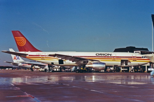 Photo and information from Ken Fielding. Seen at Manchester (MAN) in Oct-87, in full Orion c/scheme. When Orion were merged into Britannia Airways in Jan-89, both A300's were withdrawn from service and sold to Iberia, this one as EC-273/EC-EON.