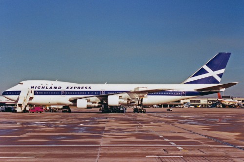 Photo and information from Ken Fielding... This is a rare bird indeed. Highland Express only lasted for 4 months and ceased operations a few days after I took this photo. Delivered new to American Airlines in Nov-70 as N9669, it was operated for 14 years before being returned to the lessor and leased to National Airlines in Jul-84. It was returned to the lessor in Sep-85 and was placed in storage in the USA. It was re-registered N14939 in Aug-86 prior to a possible lease to Cargolux (assigned LX-NCV) but the lease was cancelled and the aircraft was leased to Highland Express in Mar-87, still as N14939. It was re-registered G-HIHO in Jun-87 just before the start of operations. Sadly they only operated for 4 months before ceasing ops in Oct-87. the aircraft was repossessed and stored at Brussels before being leased to QANTAS in Feb-88 as VH-EEI. It was sub-leased to Air Pacific in Apr-88, Returning to QANTAS in Nov-89 it was then leased to Aer Lingus as EI-CAI and sub-leased back to QANTAS. The aircraft continued in operation with QANTAS until it was returned to Aer Lingus and the lessor in Mar-90. It was immediately leased to Virgin Atlantic as G-VMIA. It was operated by Virgin for another 10 years until, at the grand old age of 30 it was retired at Kemble, UK in Jan-00. It was broken up at Kemble a couple of months later.