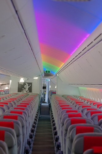 This rainbow ceiling photo was taken on a Norwegian Air Boeing 787 Dreamliner to celebrate the airline's first non-stop flight from LAX to Scandinavia. Photo: Norwegian Air.