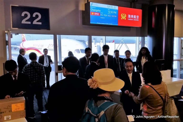 Passengers boarding Hainan’s inaugural flight from LAX to Changsha on ...