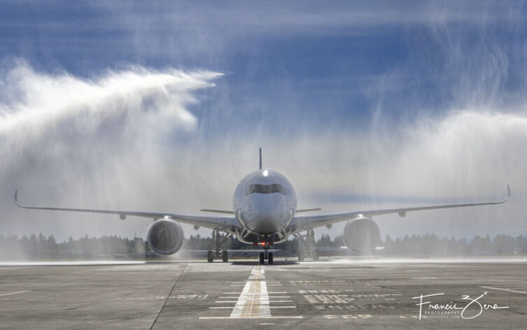 Flight LH488 arrived at SEA to the traditional water cannon salute from the airport fire department.