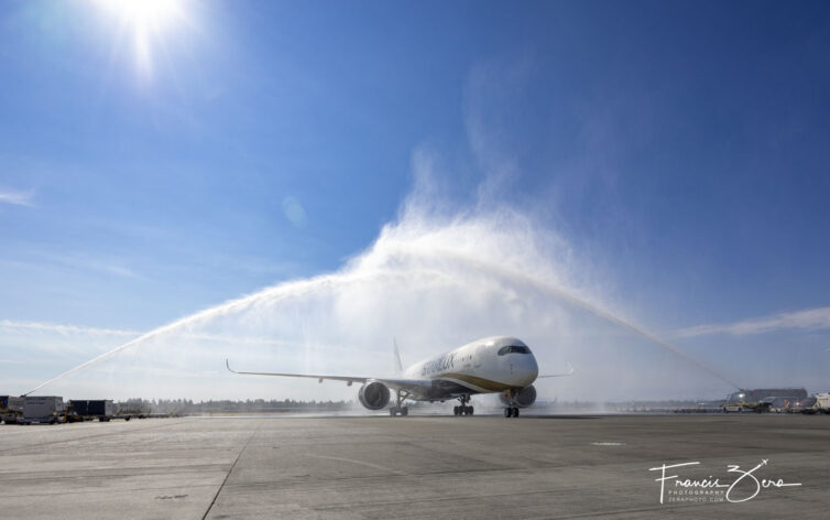 STARLUX Airlines' inaugural flight from Taiwan Taoyuan International Airport (TPE) to Seattle-Tacoma International Airport (SEA) received a traditional water-cannon salute as it taxied to the gate