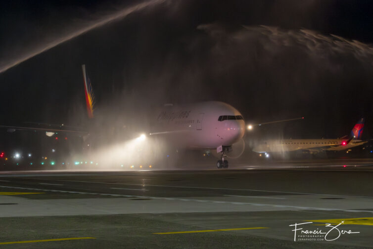 A Philippines Airlines 777 received a water-canon salute upon it's inaugural arrival at SEA on Oct. 2, 2024