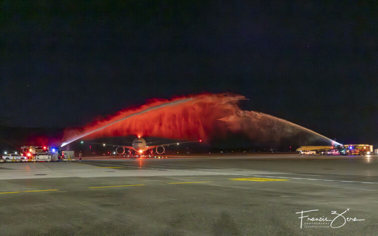 A nighttime water canon salute is a relatively rare occurrence