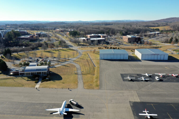 An aerial view of Virginia Tech/Montgomery Executive Airport in Blacksburg, Va.