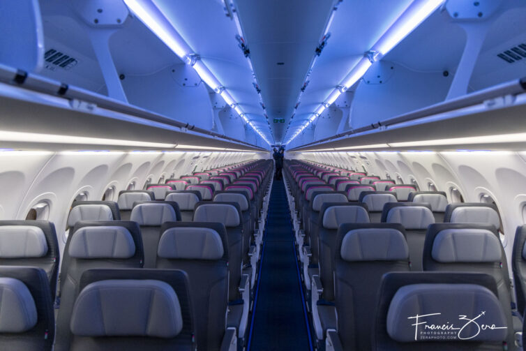 The A321LR interior prior to boarding at KEF